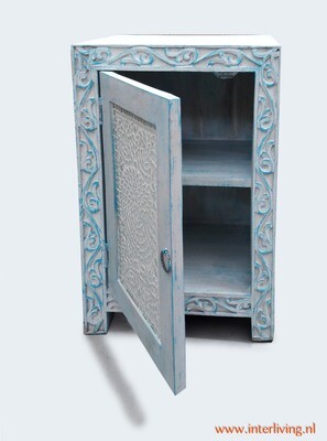 nachtkastje mangohout - blue washed - houtsnijwerk met mozaïek transparant