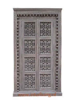 Massief mango houten kast Jodhpur - grijs / grey washed met houtsnijwerk uit India - hoog model -190*110*40 cm