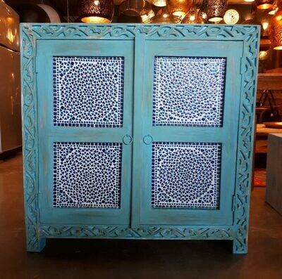 2 deurs kast mangohout - aqua vintage washed - met blauwe mozaïek panelen