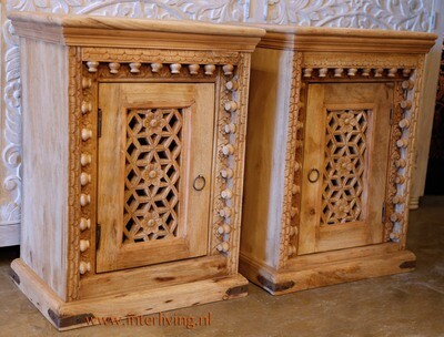 nachtkastje boho chic mangohout - naturel - opengewerkt houtsnijwerk