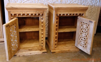 nachtkastje boho chic mangohout - naturel - opengewerkt houtsnijwerk