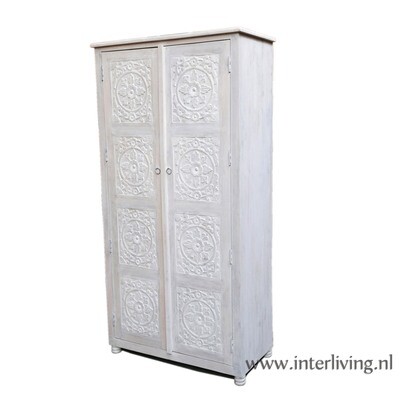 oosterse houten lotus kast uit India  - 180 cm hoog -  8 panelen met houtsnijwerk - white washed hoog model & 2 deuren