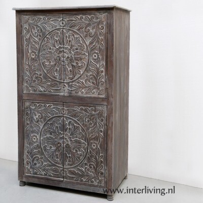 150 cm hoge garderobe kast / servieskast - mangohout - 150 x 85 x 50 - antique (grey) washed - met vergrijsd lotus houtsnijwerk