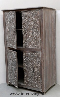 150 cm hoge garderobe kast / servieskast - mangohout - 150 x 85 x 50 - antique (grey) washed - met vergrijsd lotus houtsnijwerk