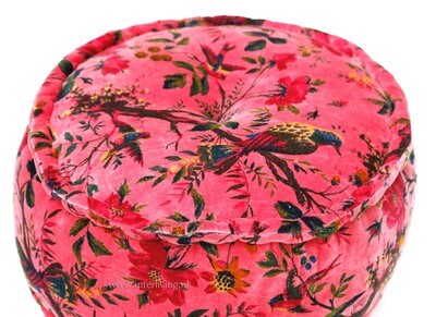 Bohemian fluweel zachte poef - zacht roze - print "Birds in Paradise  met bloemen" - velours  (velvet) - rond model 25 cm hoog / Ø 50 cm