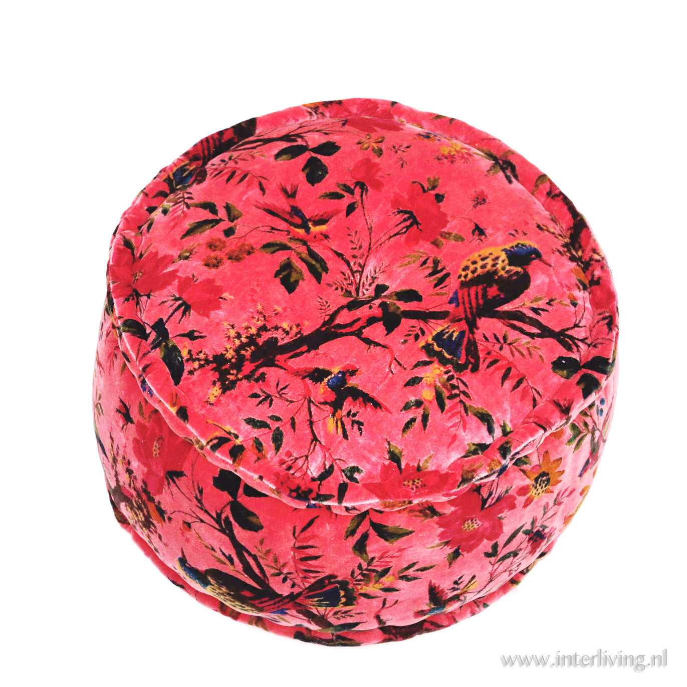 Bohemian fluweel zachte poef - zacht roze - print "Birds in Paradise  met bloemen" - velours  (velvet) - rond model 25 cm hoog / Ø 50 cm