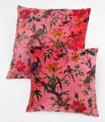 Bohemian fluweel zacht kussen - zacht roze - Birds in Paradise print met bloemen van velours / velvet) - 40 cm