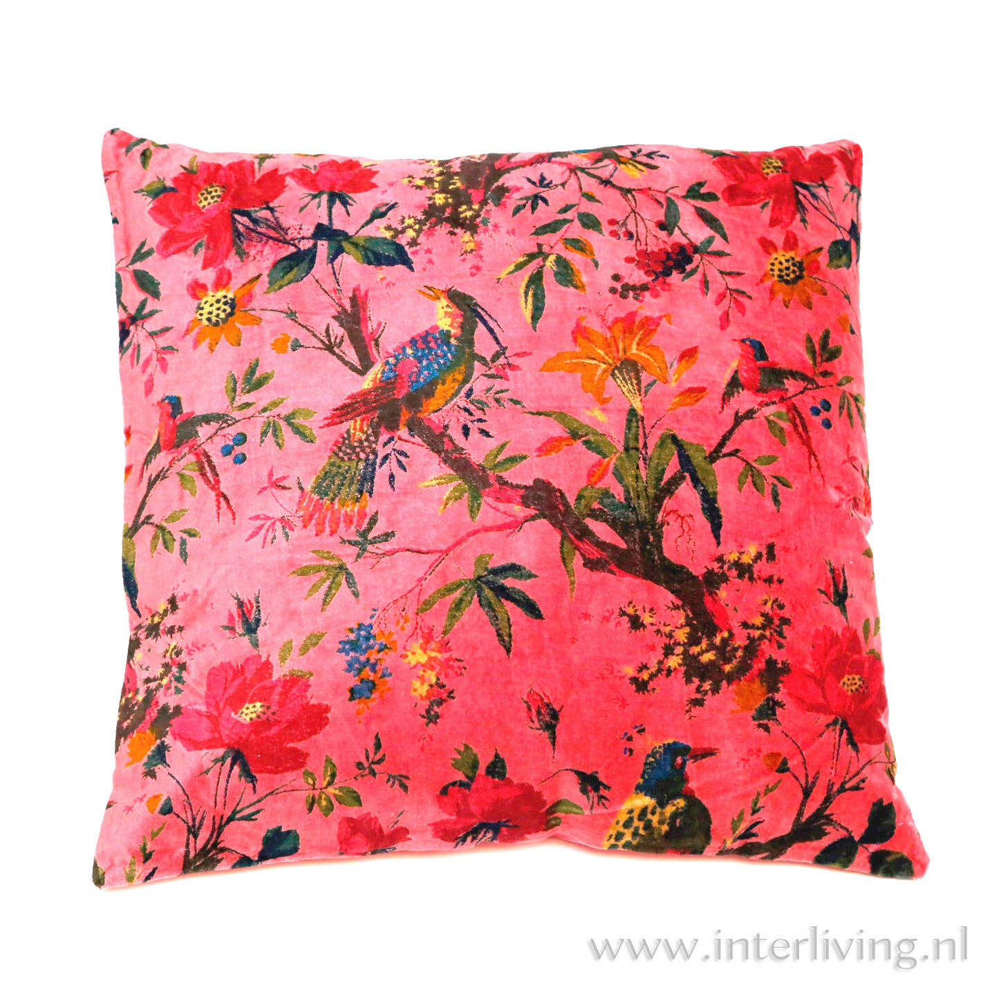Bohemian fluweel zacht kussen - zacht roze - Birds in Paradise print met bloemen van velours / velvet) - 50 cm