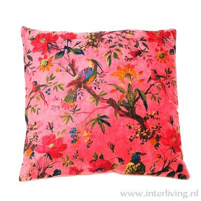 Bohemian fluweel zacht kussen - zacht roze - Birds in Paradise print met bloemen van velours / velvet) - 50 cm Bohemian fluweel zacht kussen - zacht roze - Birds in Paradise print met bloemen van velours / velvet) - 50 cm