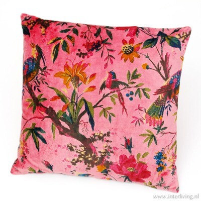 Bohemian fluweel zacht kussen - zacht roze - Birds in Paradise print met bloemen van velours / velvet) - 40 cm Bohemian fluweel zacht kussen - zacht roze - Birds in Paradise print met bloemen van velours / velvet) - 40 cm