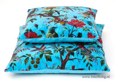 Bohemian fluweel zacht kussen - licht blauw - Birds in Paradise botanische print met bloemen van velours / velvet) - 40 cm