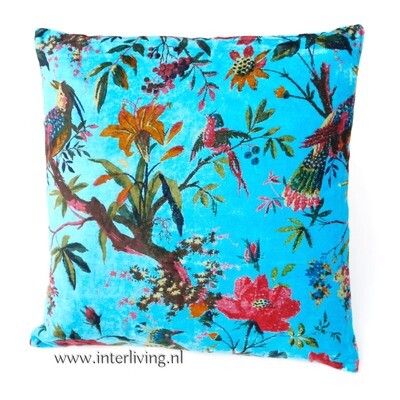 Bohemian fluweel zacht kussen - licht blauw - Birds in Paradise botanische print met bloemen van velours / velvet) - 40 cm Bohemian fluweel zacht kussen - licht blauw - Birds in Paradise botanische print met bloemen van velours / velvet) - 40 cm