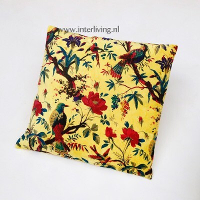 Bohemian fluweel zacht kussen - helder geel - Birds in Paradise botanische print met bloemen van velours / velvet) - 40 cm Bohemian fluweel zacht kussen - helder geel - Birds in Paradise botanische print met bloemen van velours / velvet) - 40 cm