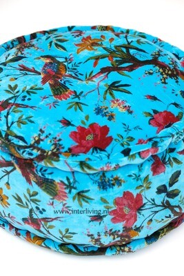 Bohemian fluweel zachte poef - licht blauw - botanische print "Birds in Paradise  met bloemen" - velours  (velvet) - rond model 25 cm hoog / Ø 50 cm