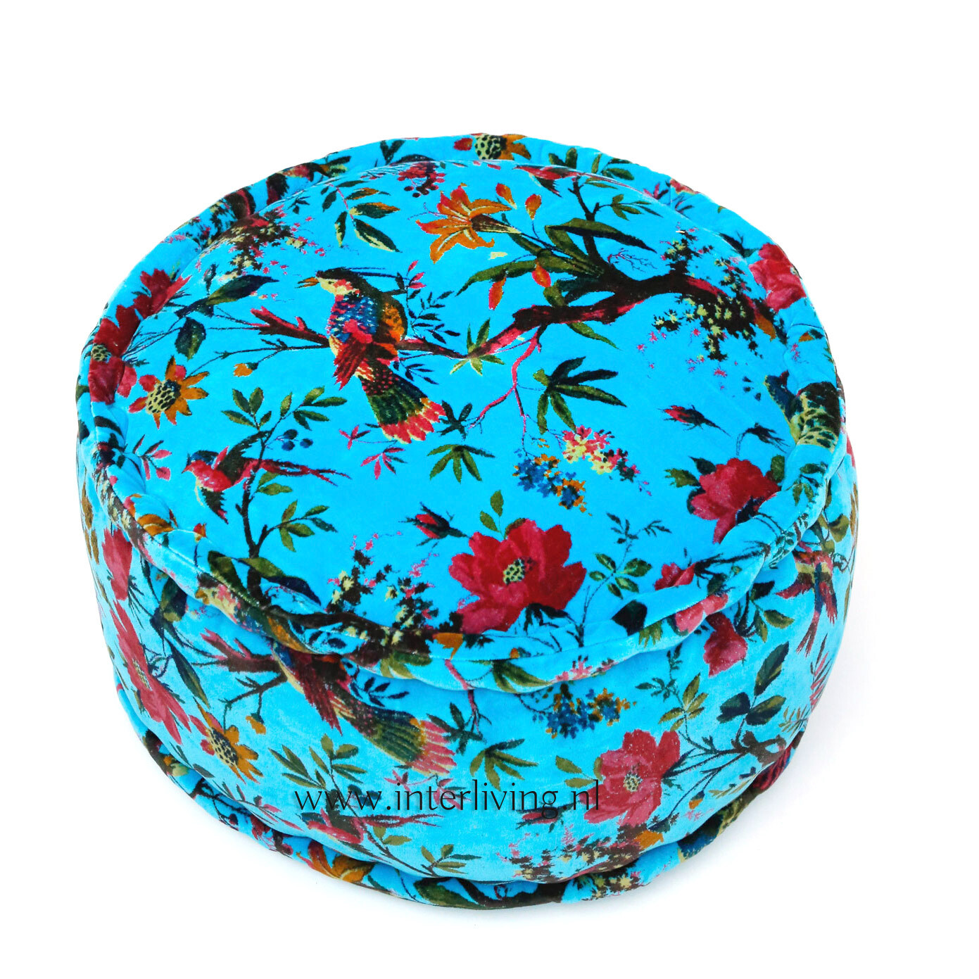 Bohemian fluweel zachte poef - licht blauw - botanische print "Birds in Paradise  met bloemen" - velours  (velvet) - rond model 25 cm hoog / Ø 50 cm
