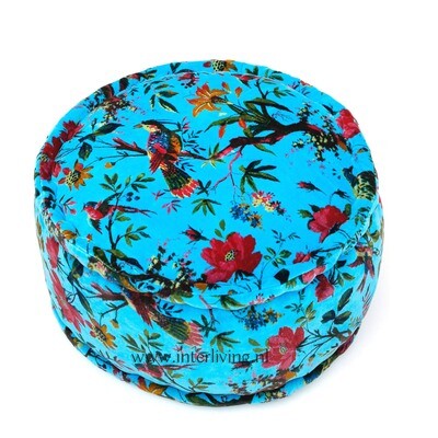 Bohemian fluweel zachte poef - licht blauw - botanische print Bohemian fluweel zachte poef - licht blauw - botanische print "Birds in Paradise met bloemen" - velours (velvet) - rond model 25 cm hoog / Ø 50 cm