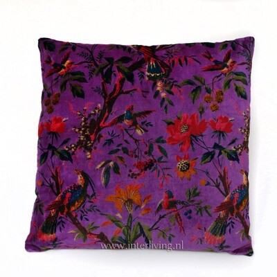 Bohemian fluweel zacht kussen - diep paars - Birds in Paradise print met bloemen van velours / velvet) - 50 cm Bohemian fluweel zacht kussen - diep paars - Birds in Paradise print met bloemen van velours / velvet) - 50 cm