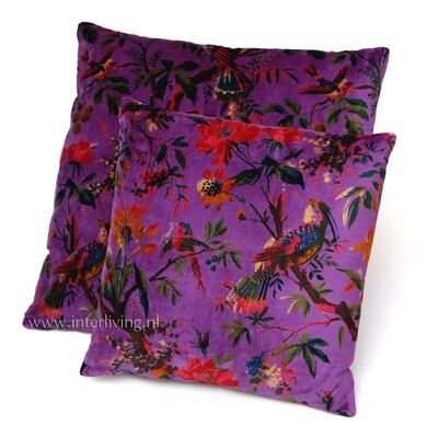 Bohemian fluweel zacht kussen - diep paars - Birds in Paradise print met bloemen van velours / velvet) - 50 cm