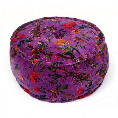 Bohemian fluweel zachte poef - diep paars - botanische print met Bohemian fluweel zachte poef - diep paars - botanische print met "Birds in Paradise met bloemen - velours (velvet) - rond model 25 cm hoog / Ø 50 cm