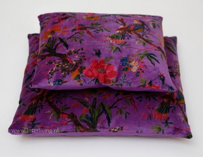 Bohemian fluweel zacht kussen - diep paars - Birds in Paradise print met bloemen van velours / velvet) - 40 cm