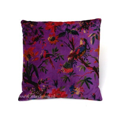 Bohemian fluweel zacht kussen - diep paars - Birds in Paradise print met bloemen van velours / velvet) - 40 cm