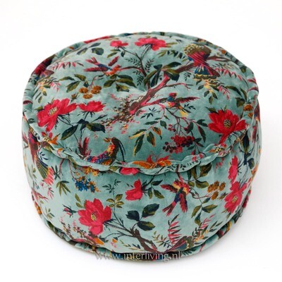 Bohemian fluweel zachte poef - zee groen - botanische print Bohemian fluweel zachte poef - zee groen - botanische print "Birds in Paradise met bloemen" - velours (velvet) - rond model 25 cm hoog / Ø 50 cm