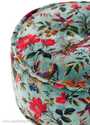 Bohemian fluweel zachte poef - zee groen - botanische print "Birds in Paradise  met bloemen" - velours  (velvet) - rond model 25 cm hoog / Ø 50 cm