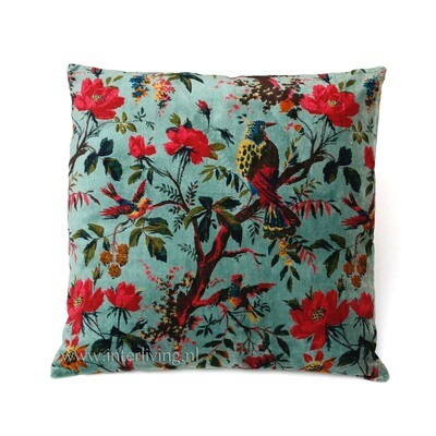 Bohemian fluweel zacht kussen - botanisch groen - Birds in Paradise print met bloemen van velours / velvet) - 50 cm Bohemian fluweel zacht kussen - botanisch groen - Birds in Paradise print met bloemen van velours / velvet) - 50 cm