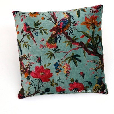 Bohemian fluweel zacht kussen - zee groen - Birds in Paradise print met bloemen van velours / velvet) - 40 cm Bohemian fluweel zacht kussen - zee groen - Birds in Paradise print met bloemen van velours / velvet) - 40 cm