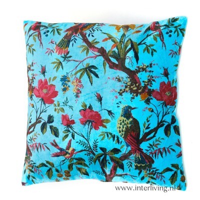 Bohemian fluweel zacht kussen - licht blauw - Birds in Paradise print met bloemen van velours / velvet) - 50 cm