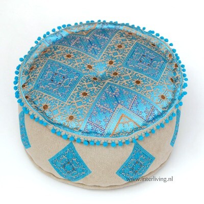 poef rond blauw met ecru & goud tinten - geweven geometrische Marokkaanse jacquard patronen - pom pom rand - Ø 50 cm / h 25 cm