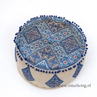 poef rond met blauw tinten, ecru & goud kleur - geweven geometrische Marokkaanse jacquard patronen - pom pom rand - Ø 50 cm / h 25 cm