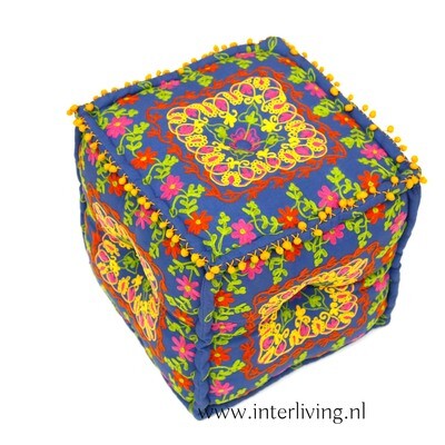 vierkante poef "Ibiza Gipsy" 40 cm - Etnic Suzani borduurwerk - blauw - handgemaakt van katoen