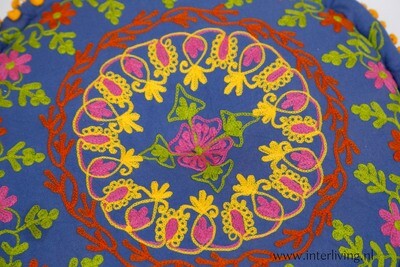 Ronde poef "iris blauw" "Gipsy" look - tribal Suzani borduurwerk - Ibiza stijl - handgemaakt van katoen - Ø 50 cm / 25 cm