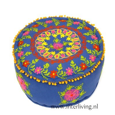 Ronde poef "iris blauw" "Gipsy" look - tribal Suzani borduurwerk - Ibiza stijl - handgemaakt van katoen - Ø 50 cm / 25 cm