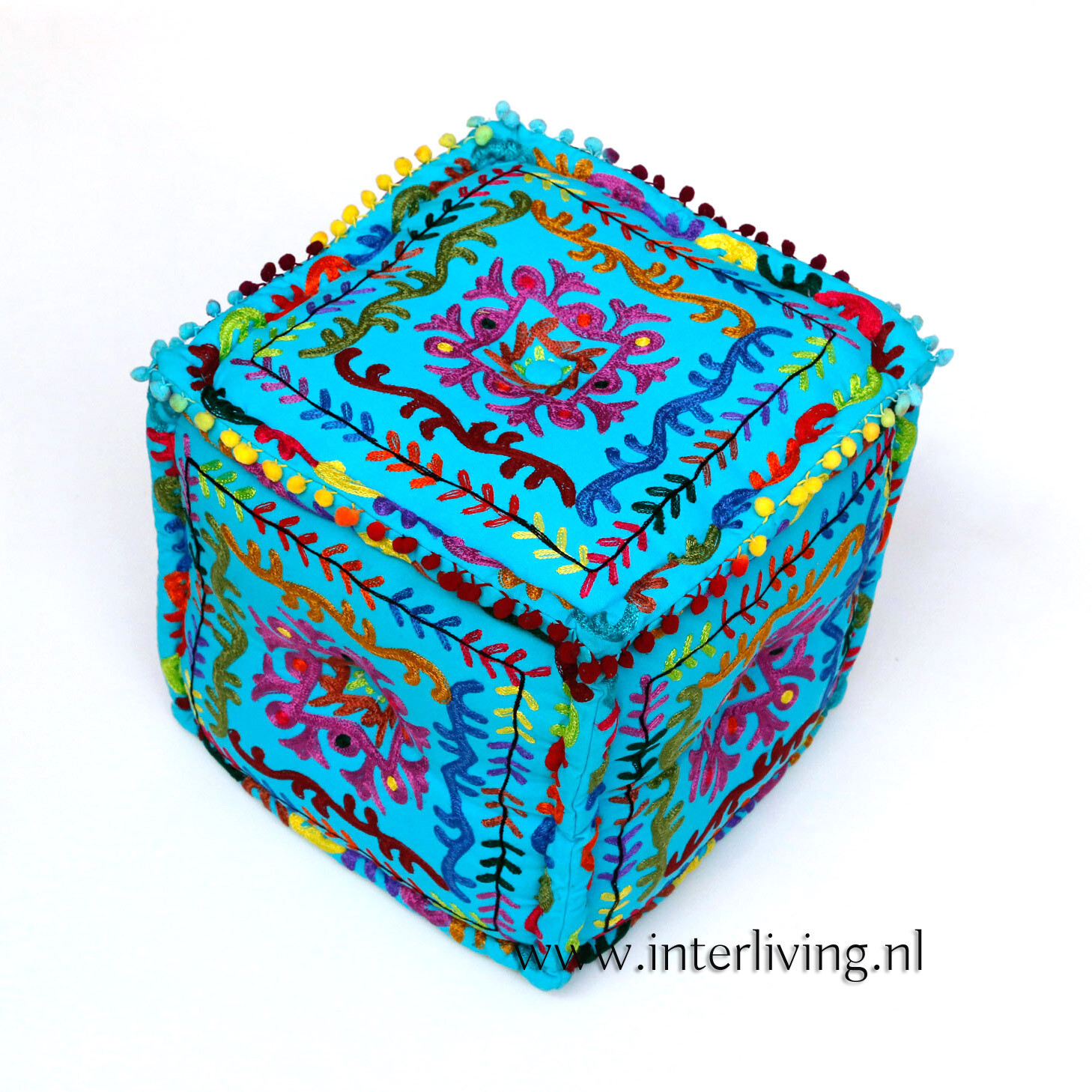 vierkante poef "Ibiza hippy stijl" 40 cm - turquoise - suzani borduurwerk - handgemaakt van katoen