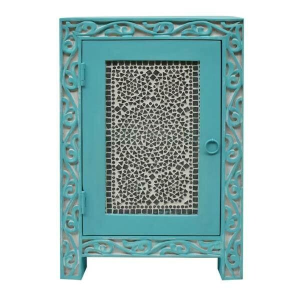 nachtkastje mangohout - blue aqua washed - houtsnijwerk met mozaïek transparant, scharnier: scharnier rechts