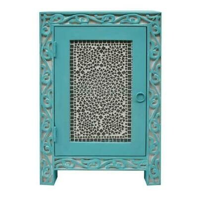 nachtkastje mangohout - blue aqua washed - houtsnijwerk met mozaïek transparant