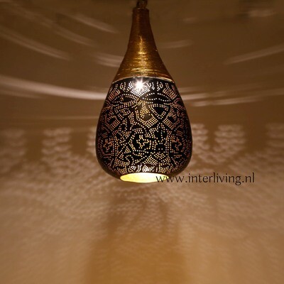 hanglamp hanglamp "Bindi" oosters druppel model met gaatjespatronen - filigrain design & boho chic gedraaid metaaldraad - mat zwart met goud + grote waxinehouder