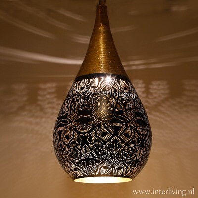 Hanglamp Hanglamp "Bindi" druppel model filigrain- boho chic- mat zwart metaal met vintage goud & wire / draad bovenkant + grote waxinehouder