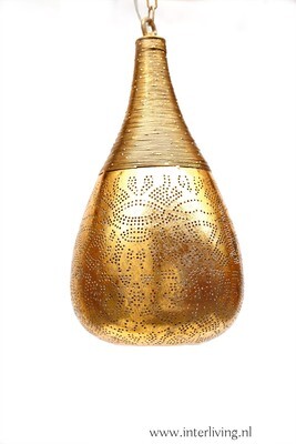 hanglamp "Bindi" oosters druppel model met gaatjespatronen - filigrain design & bohemian stijl - gedraaid metaaldraad - vintage goud kleur