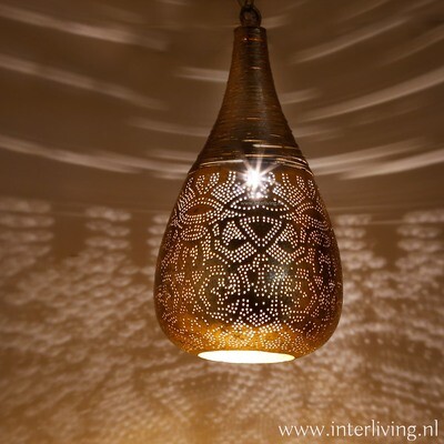 Hanglamp Hanglamp "Bindi" druppel model - bohemian stijl met filigrain design - vintage goud kleur metaal & wire / draad bovenkant lamp