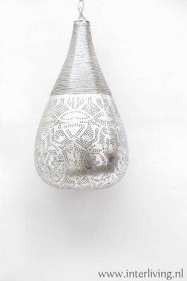 hanglamp "Bindi" - Marokkaans druppel model met gaatjespatronen  - filigrain design met "wire" gedraaid metaaldraad - vintage zilver - small