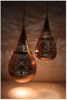 Hanglamp"Bindi" "drop wire" of druppel vorm lamp met filigrain design - koper + gratis bijpassende set wxinehouders!