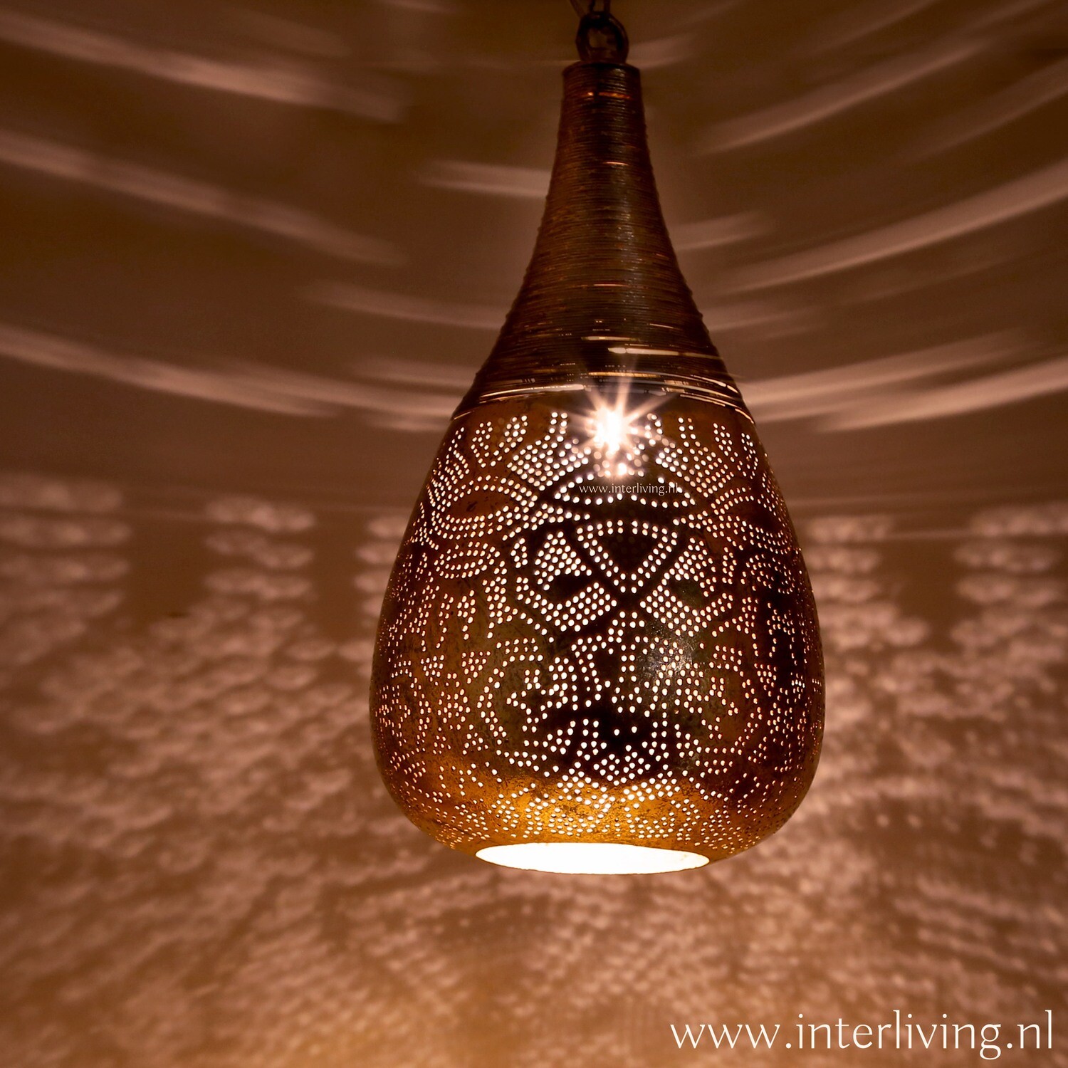 Hanglamp"Bindi"in "drop wire" of druppel vorm lamp met filigrain design -  koper + gratis bijpassende set wxinehouders!