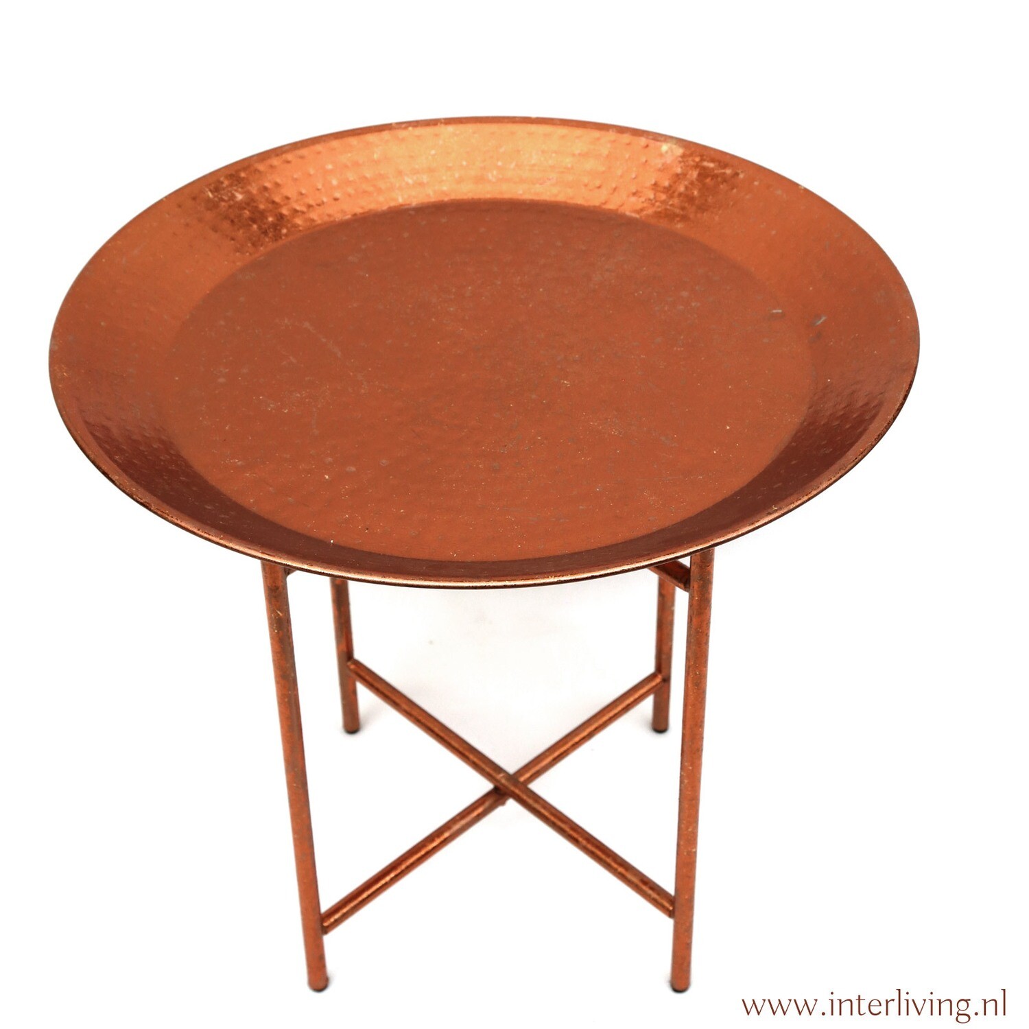 bijzettafeltje rond vintage koper metaal / dienbladtafel met los blad