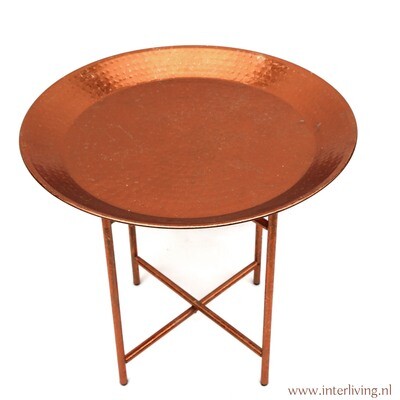 bijzettafeltje rond vintage koper metaal / dienbladtafel met los blad