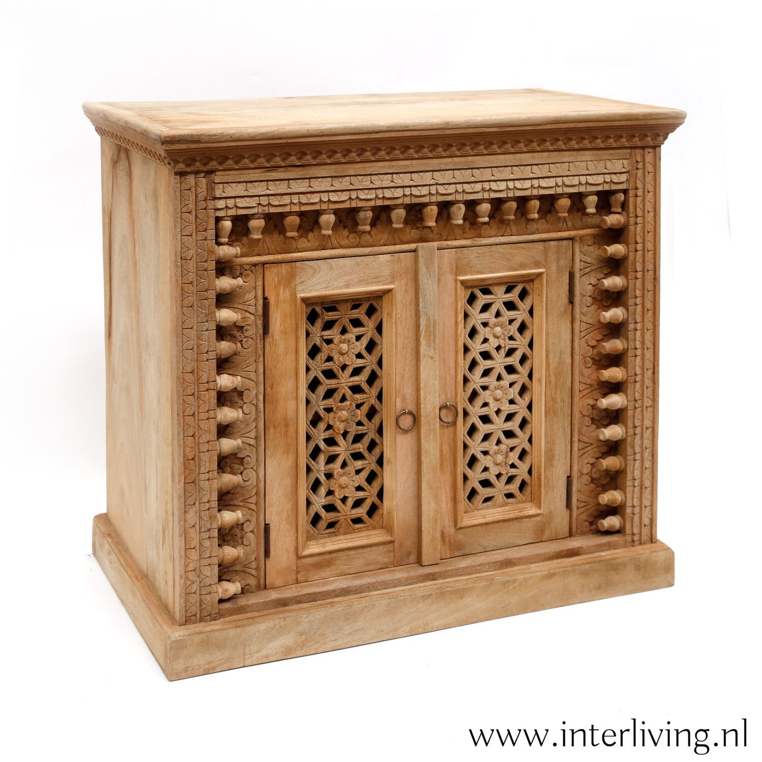 Indiase lage kast - twee deurs - houtsnijwerk "Jodhpur" uit India 80x80x40 cm