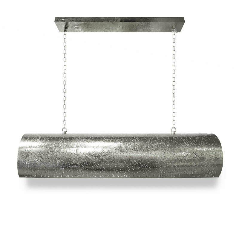 loftbar hanglamp in oosterse / industriële stijl - horizontale lamp van vintage zilver kleurig metaal met ophangketting / gestanst gaatjespatronen