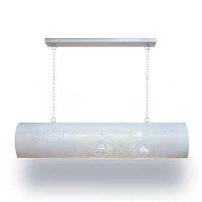 loftbar lamp in oosterse / industriële stijl - horizontale buis hanglamp van wit metaal met ophangketting / gestanst gaatjespatronen